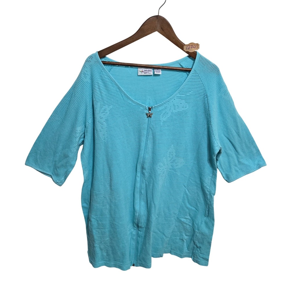 Paradise Bay Plus Womens 2X Turquoise Blue Cotton Pointelle Zip Up Cardigan Top